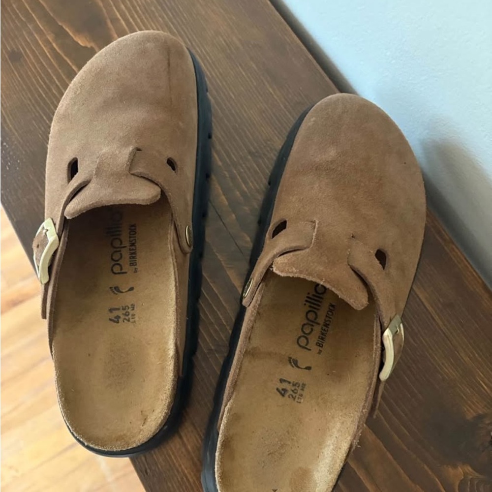 Papillio Brown Suede Clog Mules with Gold Buckle - Picture 2 of 5